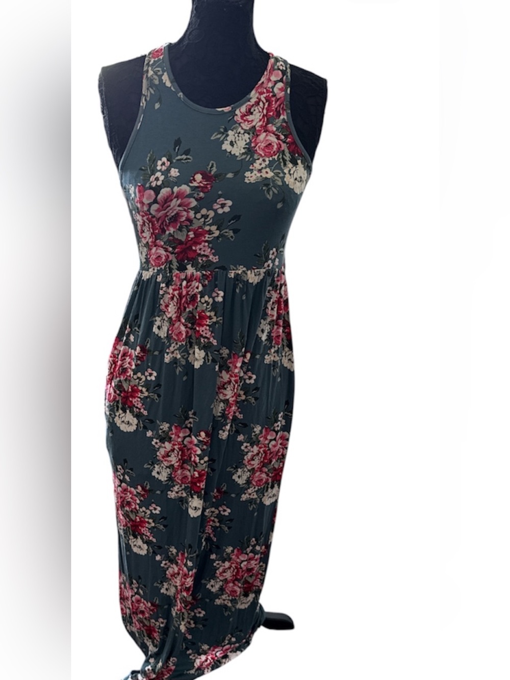 Grecerelle Floral Maxi Dress in Teal with Pink Roses size M